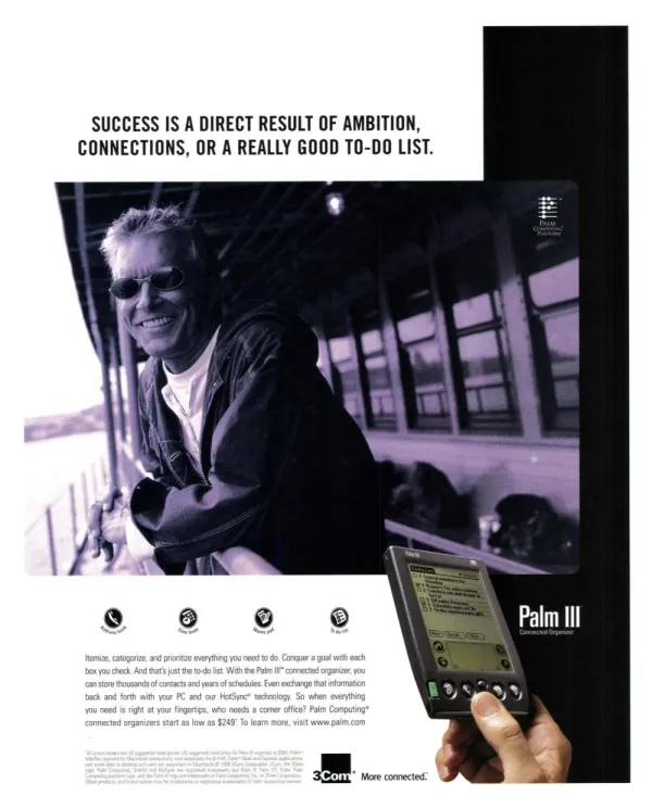 Palm III ad pairs a smiling man at a waterfront railing with a handheld displaying a to-do list, under a headline about success.