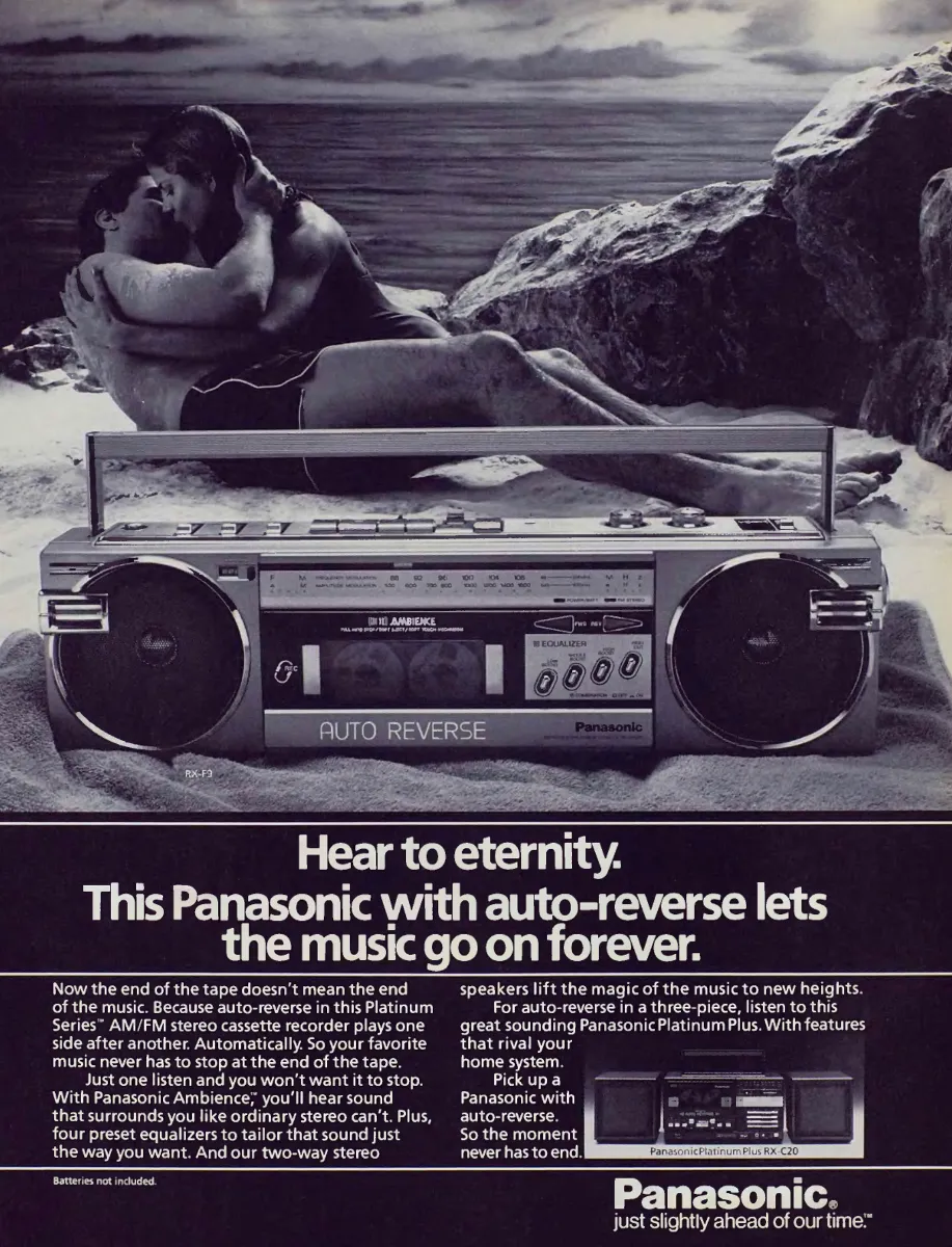 A Panasonic RX-F9 stereo cassette recorder fills the foreground of a black-and-white beach scene with an embracing couple, above auto-reverse copy and an RX-C20 inset.