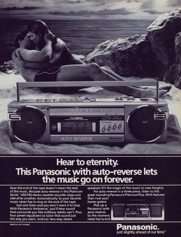 A Panasonic RX-F9 stereo cassette recorder fills the foreground of a black-and-white beach scene with an embracing couple, above auto-reverse copy and an RX-C20 inset.