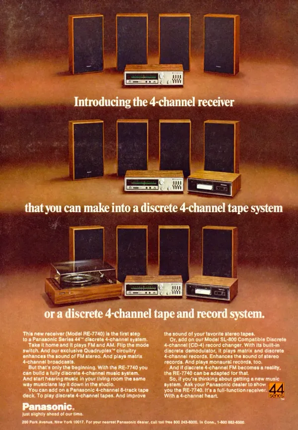 Three stacked arrangements show a Panasonic four-channel receiver and speakers, then the system with a tape deck, then with a turntable.