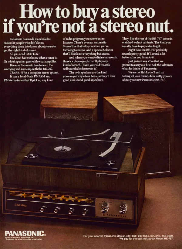 Walnut Panasonic RE-767 stereo console, turntable, and two speakers against a dark brown background beneath a large white headline.