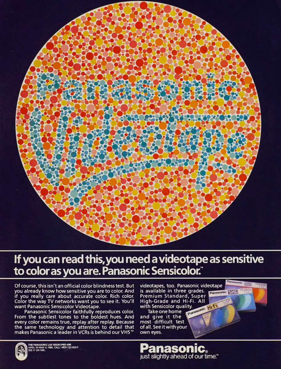 A circular field of colored dots spells Panasonic VHS Tape above a Sensicolor videotape headline and three VHS cassette packages.