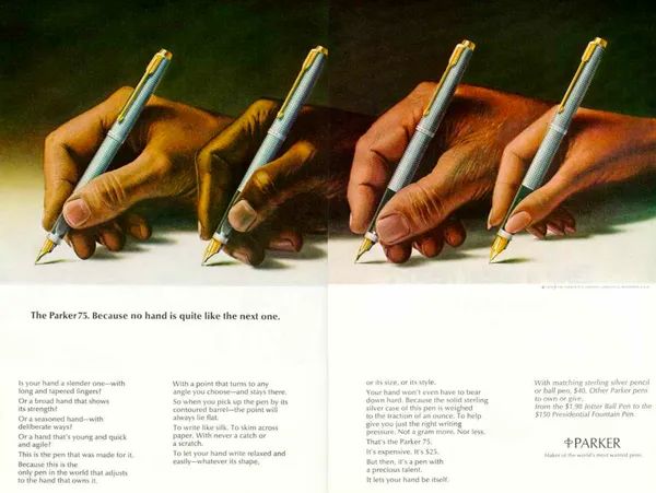 Four different hands hold the same silver Parker 75 fountain pen across a two-page spread.