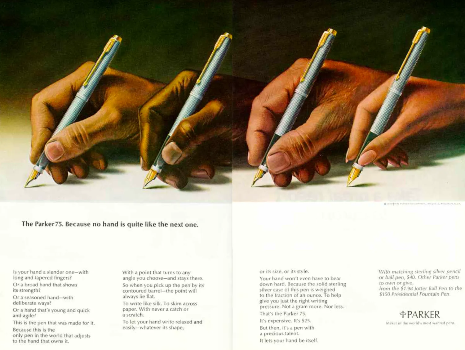 Four different hands hold the same silver Parker 75 fountain pen across a two-page spread.