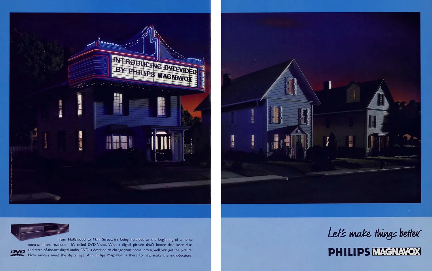 Philips Magnavox print advertisement from 1997: From Hollywood to Main Street, it's being heralded as the beginning of a home entertainment revolution. It's called DVD Video.