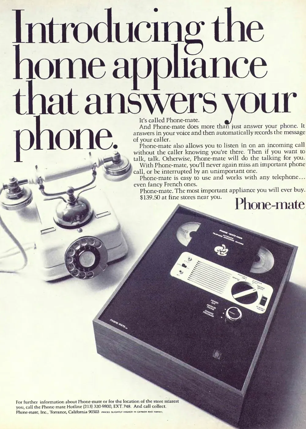 Phone-mate reel-to-reel answering machine beside an ornate rotary telephone, below a very large serif headline.