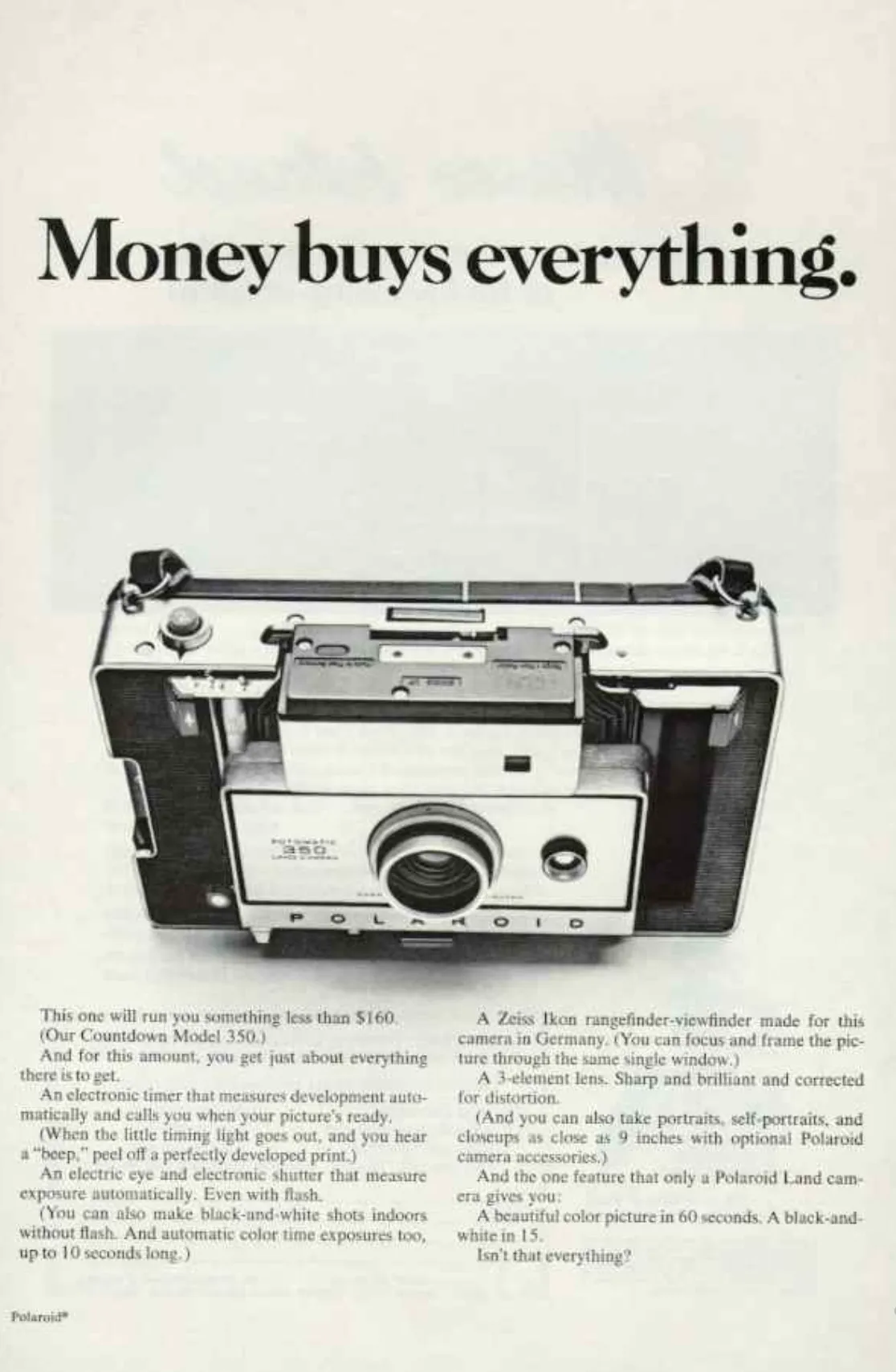 A Polaroid Countdown Model 350 camera sits below the large headline Money buys everything, followed by two columns of features.