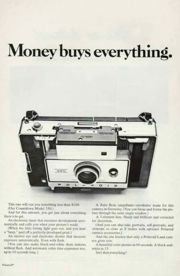 A Polaroid Countdown Model 350 camera sits below the large headline Money buys everything, followed by two columns of features.