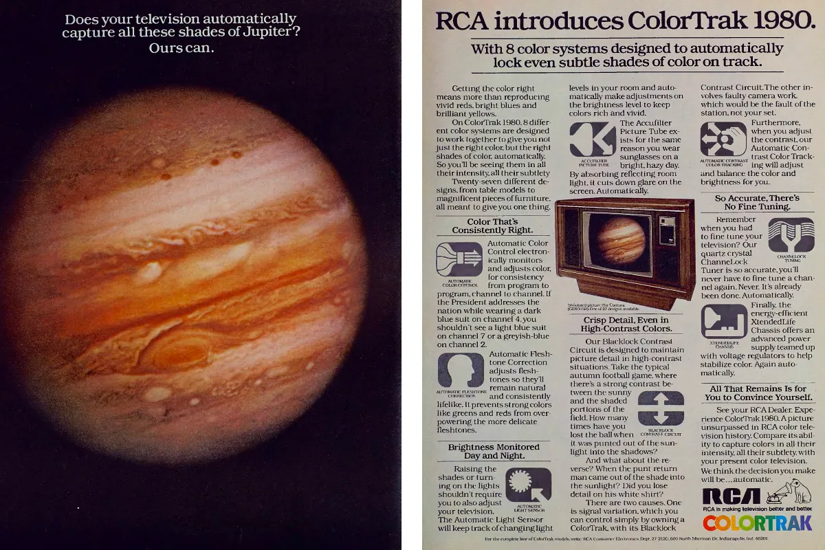 A full-page color image of Jupiter faces a dense explanation of eight RCA ColorTrak systems, with a wooden console television showing the same planet.