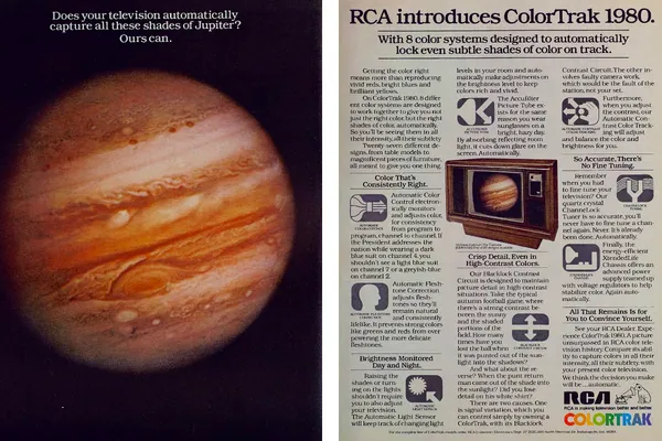 A full-page color image of Jupiter faces a dense explanation of eight RCA ColorTrak systems, with a wooden console television showing the same planet.