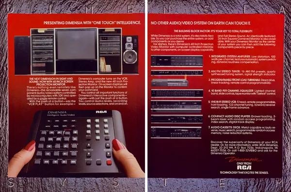 Two-page red RCA Dimensia spread with a television and stereo cabinet, an oversized remote held in two hands, and seven numbered audio-video components.