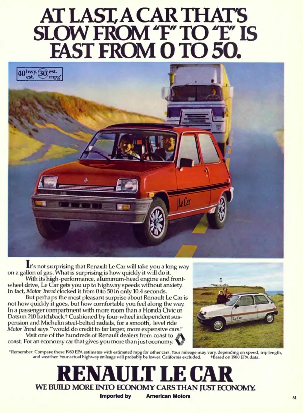 Renault Le Car print advertisement from 1980 showing a red hatchback passing a truck on a coastal road with a second lifestyle image below.