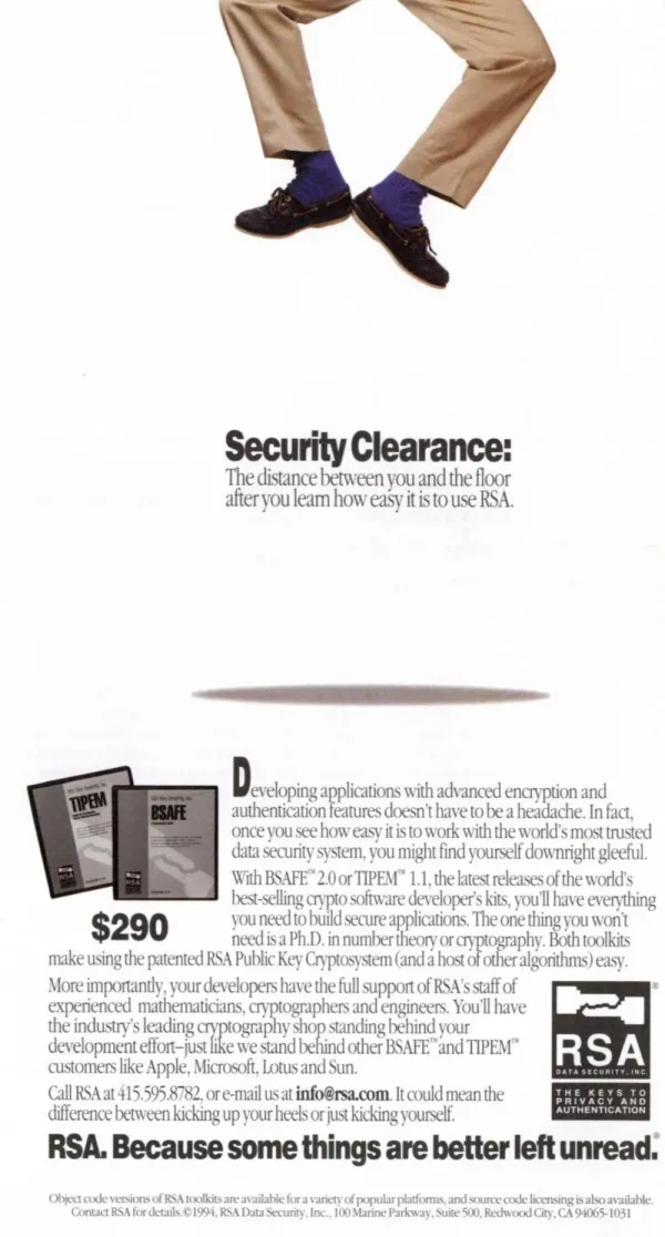 RSA security software ad with a man's feet suspended above a shadow, BSAFE and TIPEM packages, and the Security Clearance headline.