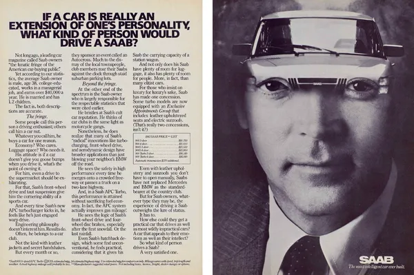 A Saab car front merges with the eyes and forehead of a suited man beside three columns of copy.