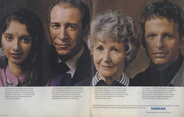 Samsung two-page spread with four large portraits above stories about a vaccine, telecommunications, a microwave oven and technical training.