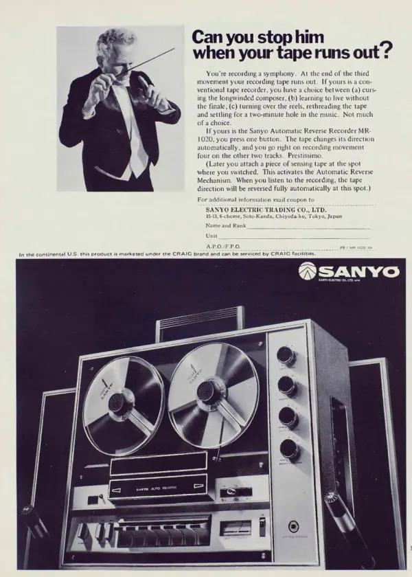 A conductor holding a baton appears above a large Sanyo MR-1020 reel-to-reel recorder and detachable speakers, beside an information coupon.