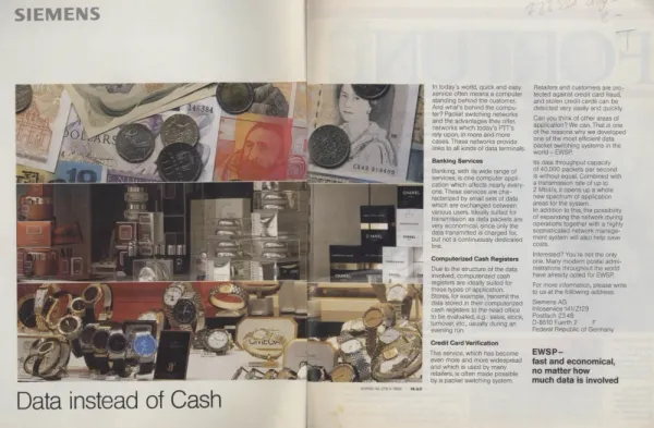 Siemens two-page EWSP ad with banknotes, shop goods, watches, and small columns explaining packet-switched retail and banking data.