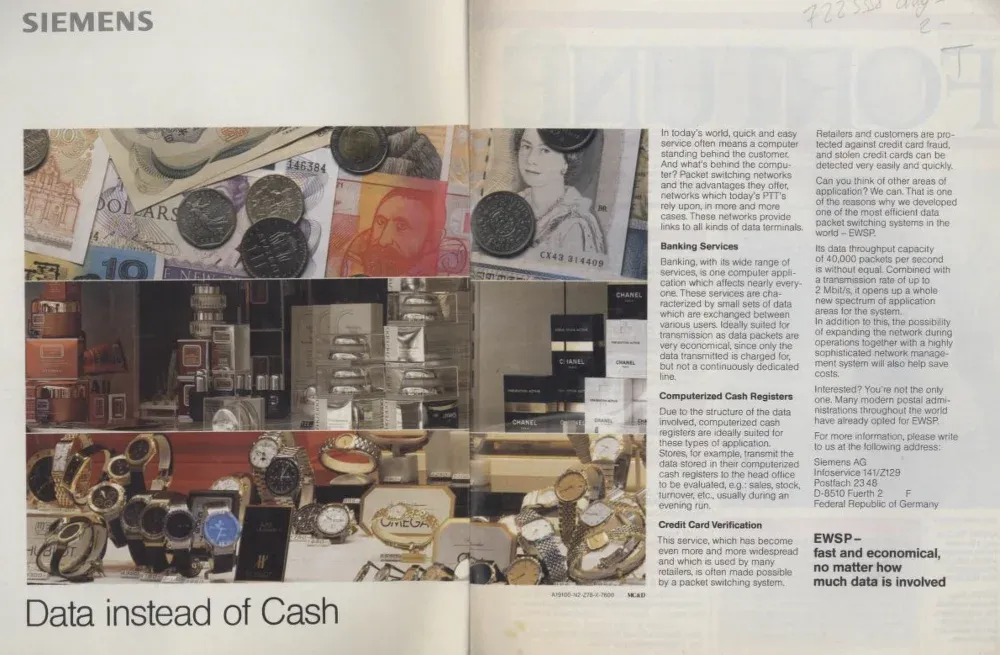 Siemens two-page EWSP ad with banknotes, shop goods, watches, and small columns explaining packet-switched retail and banking data.