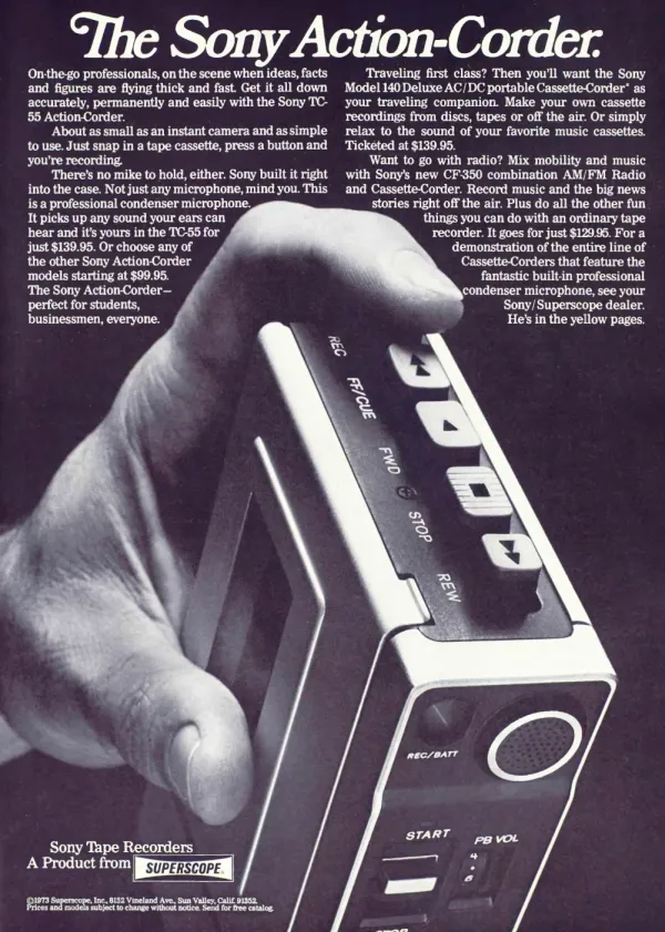 A hand holds a compact Sony Action-Corder close to the viewer, with white product copy in two columns against a dark background.