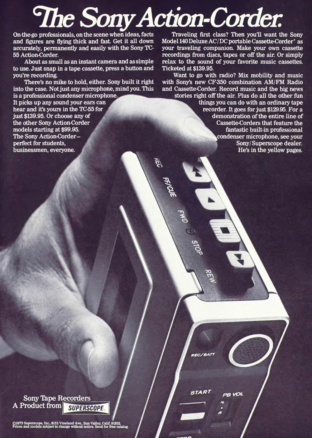 A hand holds a compact Sony Action-Corder close to the viewer, with white product copy in two columns against a dark background.