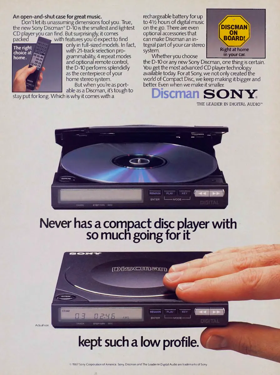 A Sony Discman D-10 shown open with a compact disc and closed between fingers, with remote-control and car-use insets above.
