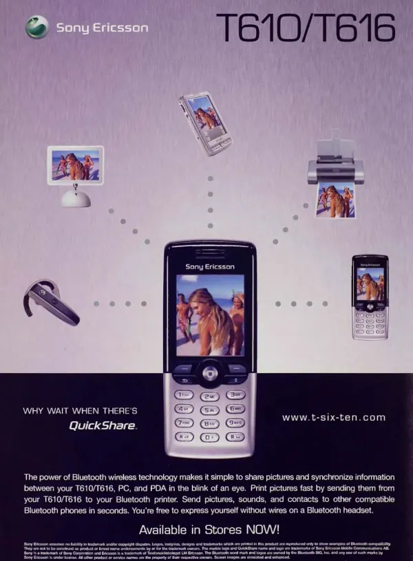 Sony Ericsson T610/T616 phone displaying a beach photograph, linked by dotted lines to a computer, printer, headset, PDA, and another phone.