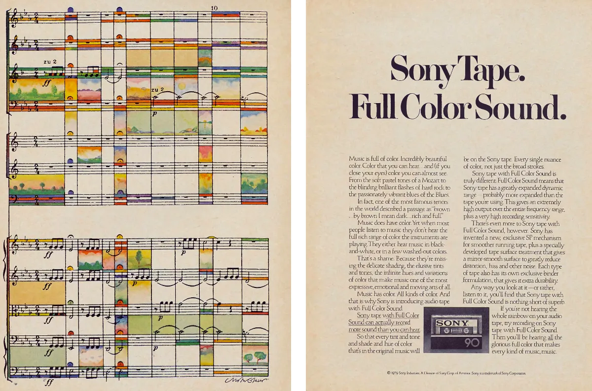 A double-page Sony tape ad pairs a musical score filled with tiny color landscapes with a headline and cassette on the facing page.