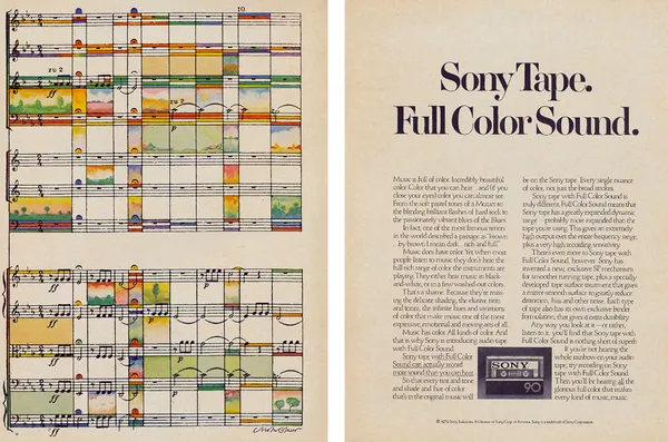 A double-page Sony tape ad pairs a musical score filled with tiny color landscapes with a headline and cassette on the facing page.