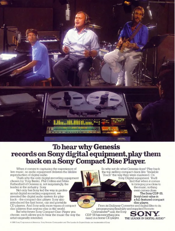 Genesis performing behind studio glass above a Sony digital tape recorder, with a CDP-55 player and Invisible Touch compact disc below.