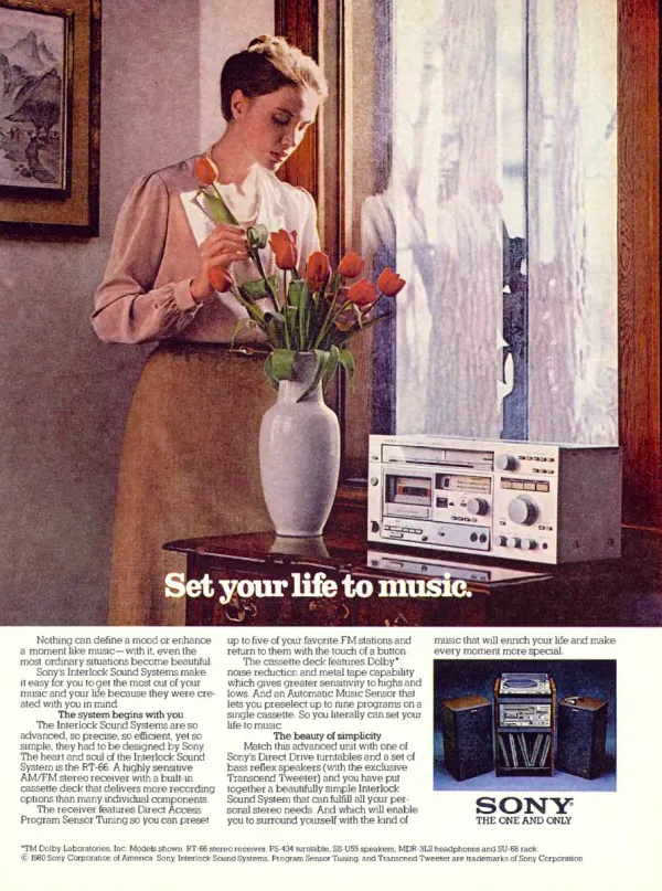 Woman arranges tulips beside a Sony Interlock stereo system near a window, with product copy and a small component photograph below.