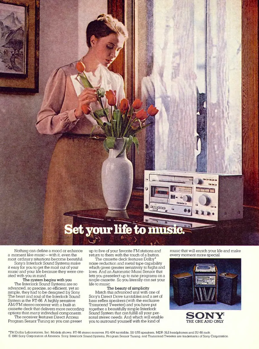 Woman arranges tulips beside a Sony Interlock stereo system near a window, with product copy and a small component photograph below.