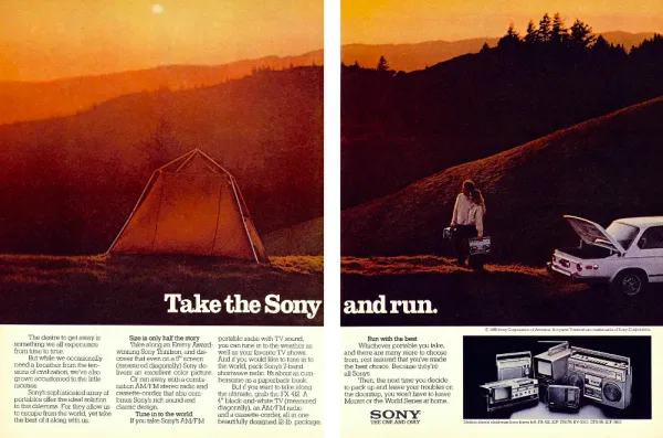 Sony print advertisement from 1980 showing a sunset campsite and a range of portable televisions, radios and cassette players.