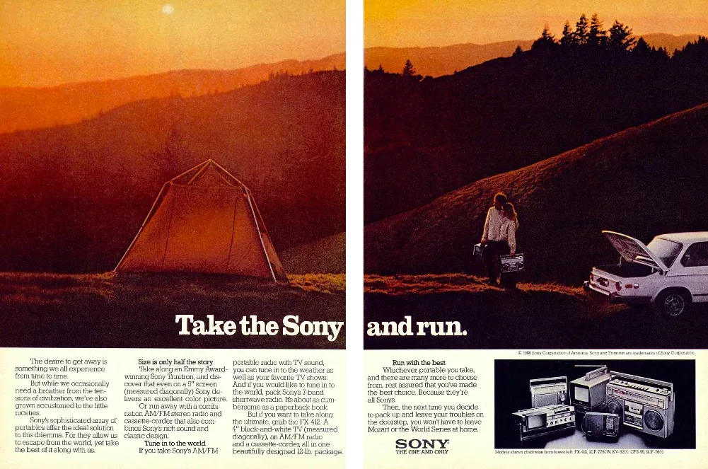 Sony print advertisement from 1980 showing a sunset campsite and a range of portable televisions, radios and cassette players.
