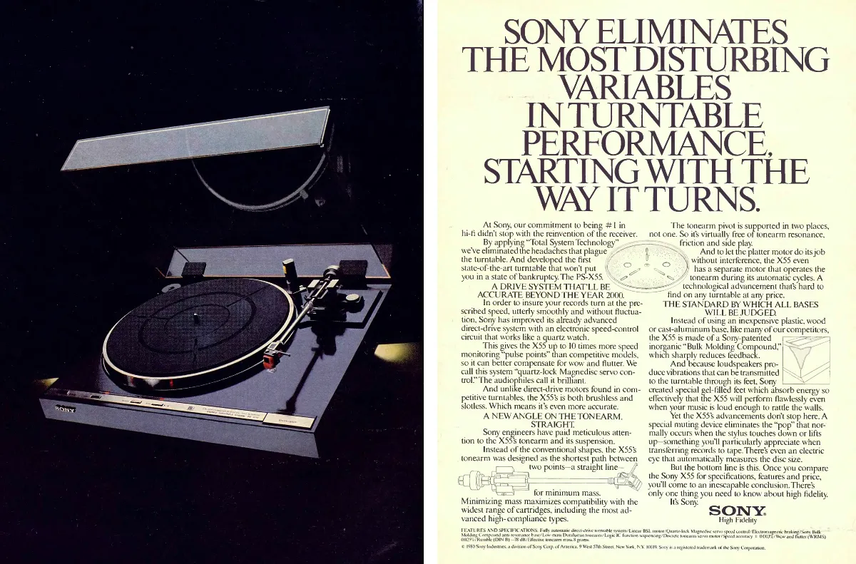 Two-page Sony ad: PS-X55 turntable isolated against black on the left, detailed performance copy and diagrams on the right.