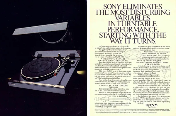 Two-page Sony ad: PS-X55 turntable isolated against black on the left, detailed performance copy and diagrams on the right.