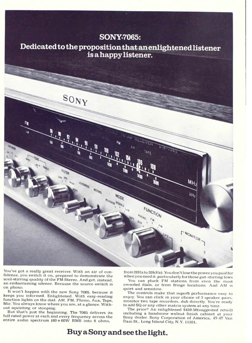 Close view of the Sony STR-7065 stereo receiver's illuminated dial and rows of controls, under a white headline on a dark panel.