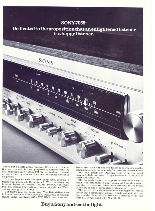 Close view of the Sony STR-7065 stereo receiver's illuminated dial and rows of controls, under a white headline on a dark panel.