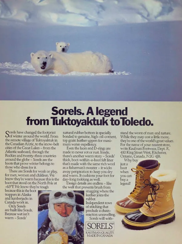 Polar bears rest in snow above a Sorels winter-boot advertisement with an ice-covered traveler, two leather-and-rubber boots and detailed construction copy.
