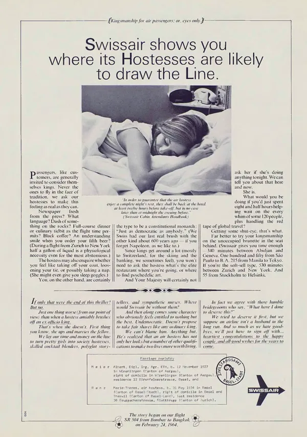 A sleeping Swissair flight attendant appears beneath a headline about boundaries, surrounded by columns of copy, a marriage registry extract and the airline logo.