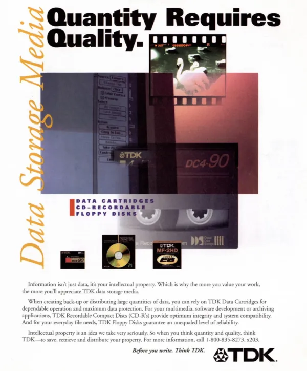 TDK ad layers a film frame, computer screen, data cartridge, CD-R, and floppy disk beneath the headline Quantity Requires Quality.