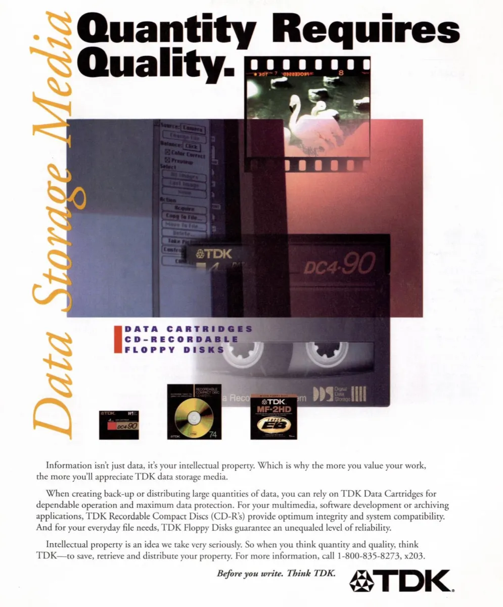 TDK ad layers a film frame, computer screen, data cartridge, CD-R, and floppy disk beneath the headline Quantity Requires Quality.