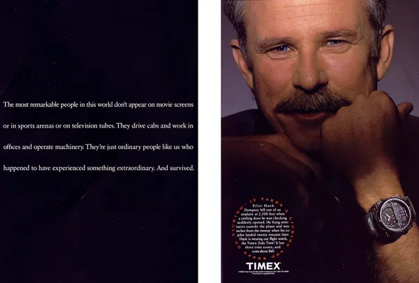Timex print advertisement from 1990: It takes a licking and keeps on ticking.