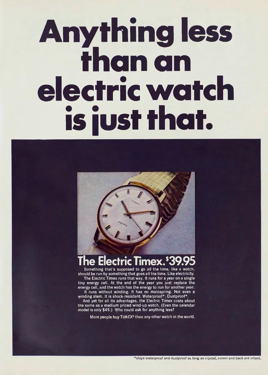 A huge black headline sits above a gold-tone Electric Timex wristwatch and its $39.95 price inside a dark rectangular panel.