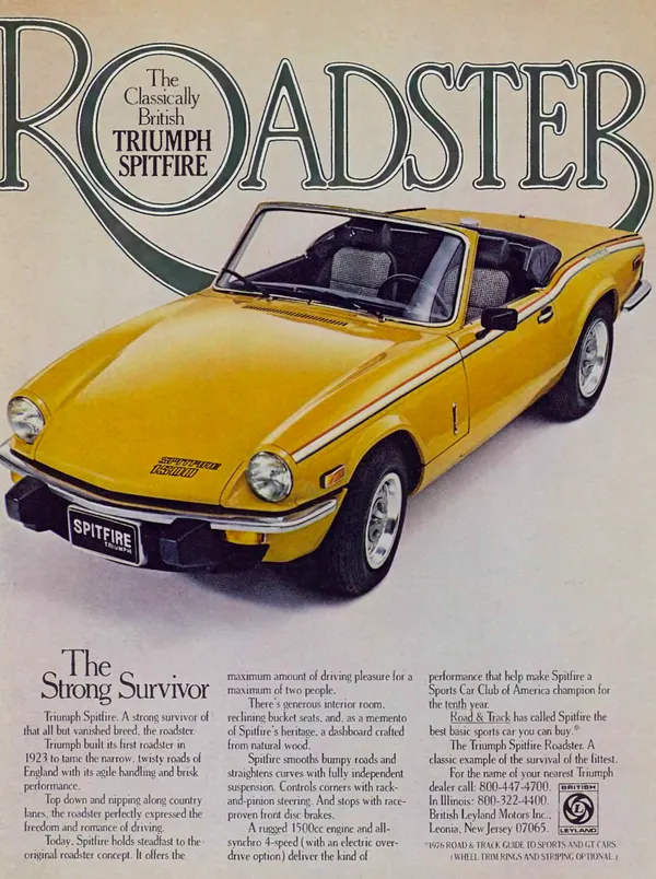 A yellow Triumph Spitfire beneath oversized Roadster lettering in a 1978 print advertisement.