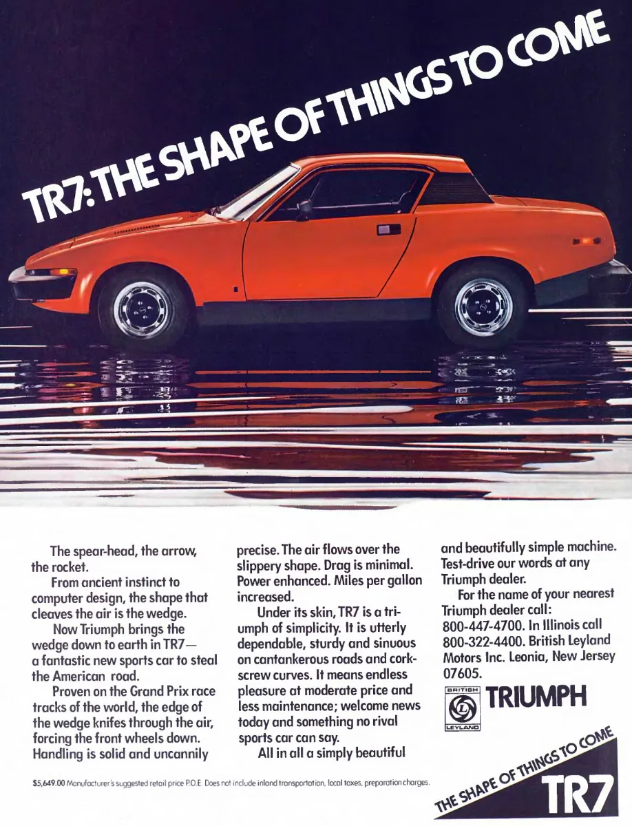 A bright orange Triumph TR7 is shown in profile against a black background, reflected in a glossy floor beneath a diagonal headline.