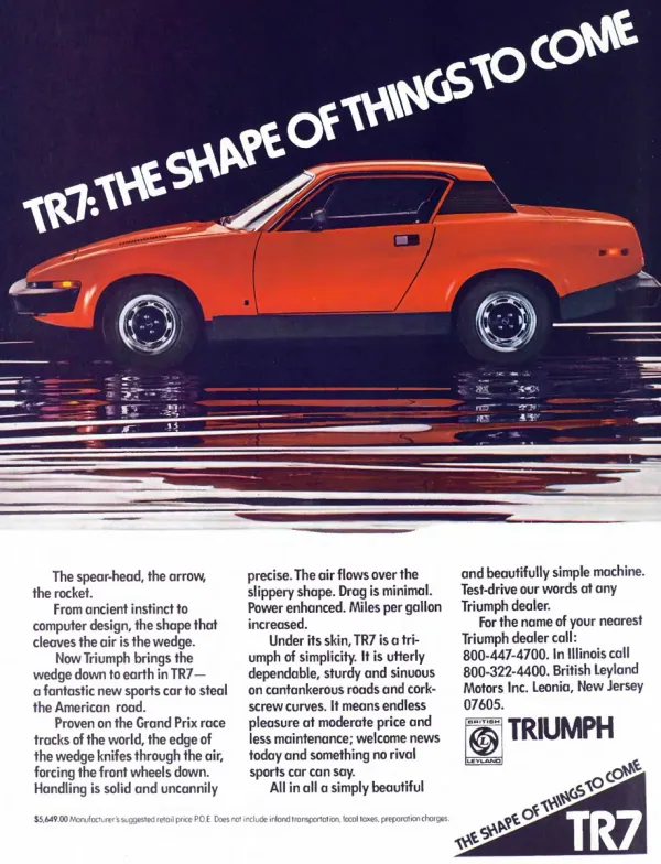 A bright orange Triumph TR7 is shown in profile against a black background, reflected in a glossy floor beneath a diagonal headline.
