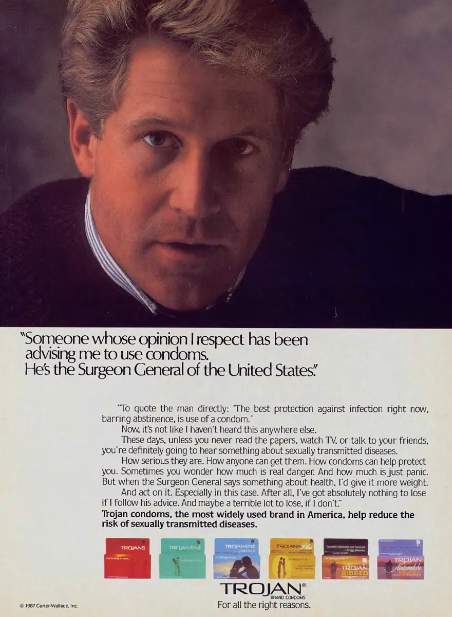 A serious-looking man above a testimonial about the Surgeon General's condom advice, with six Trojan packages along the bottom.