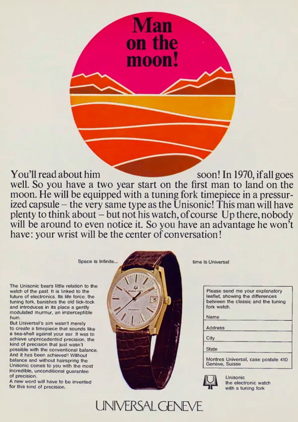 A pink and orange circular lunar landscape tops a Universal Genève Unisonic watch advertisement, with a gold-tone watch on a brown strap and a mail-in information coupon.