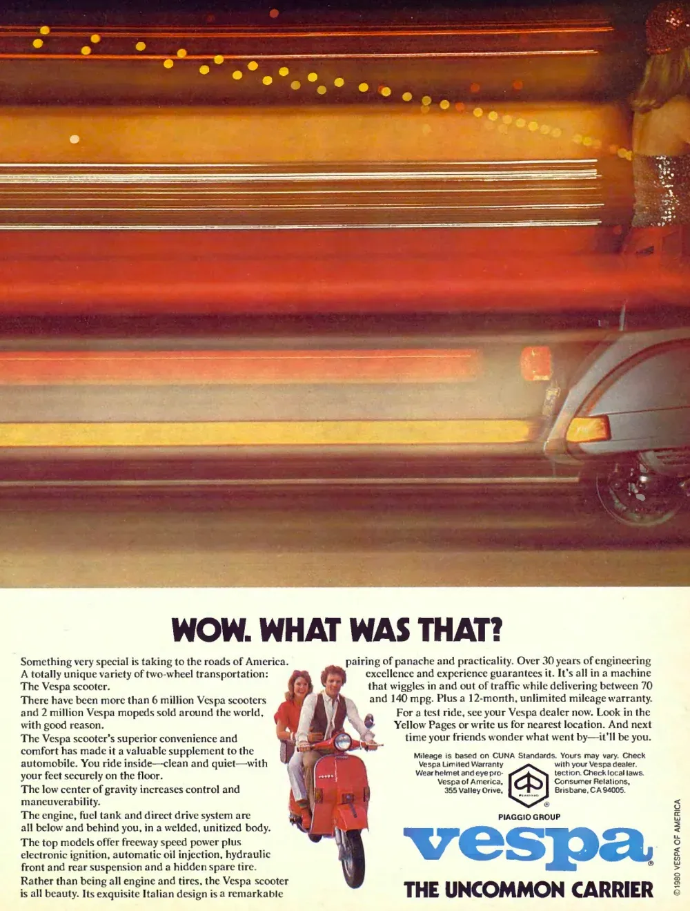 Vespa print advertisement from 1980 showing a motion-blurred scooter on a city road above a detailed product and efficiency description.