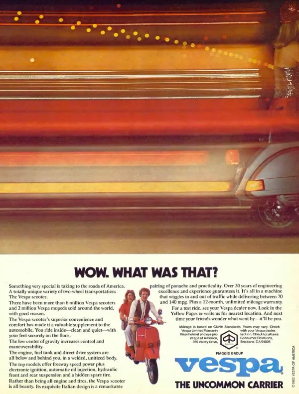 Vespa print advertisement from 1980 showing a motion-blurred scooter on a city road above a detailed product and efficiency description.